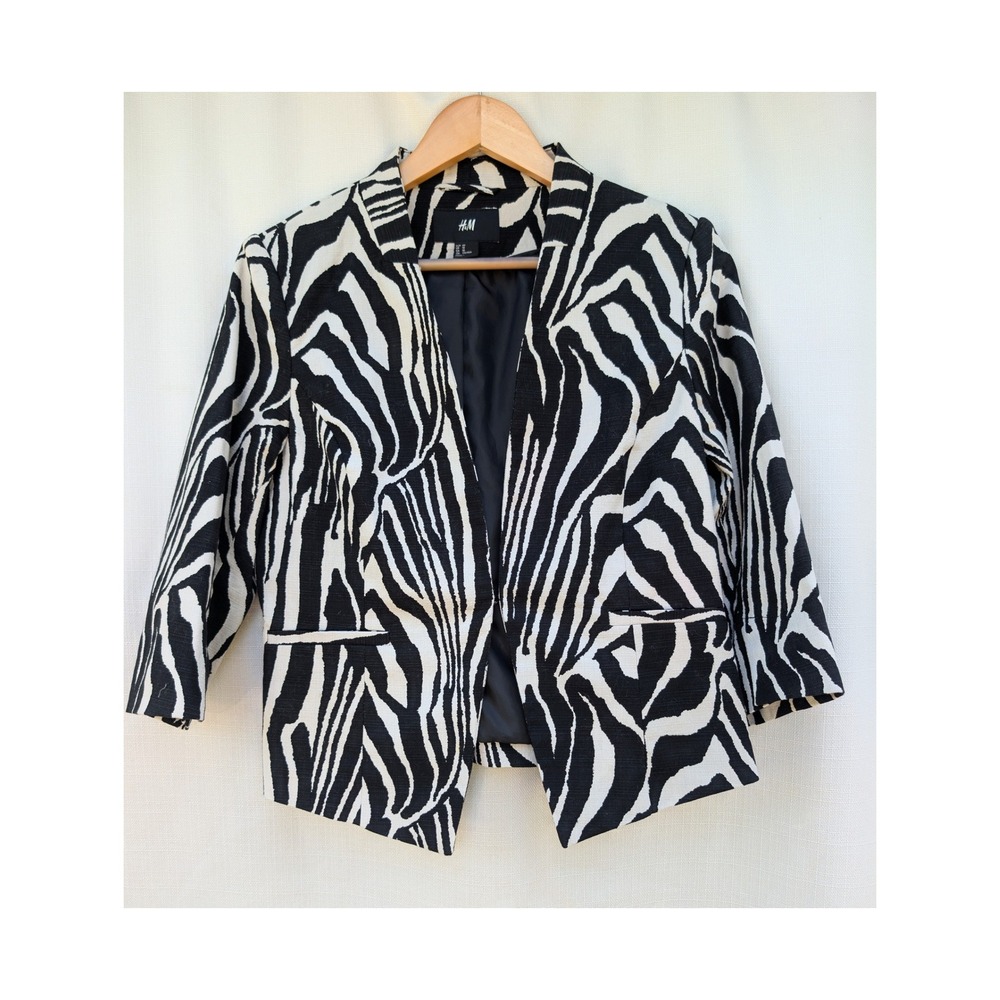 H&M Zebra Collarless Blazer Womens 10 Y2K Office Siren Mob Wife Safari